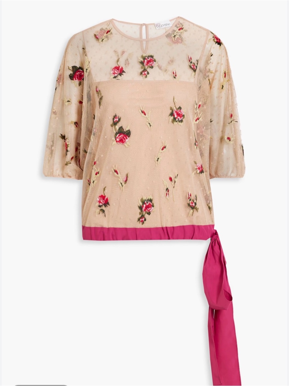 RED Valentino Beige Sheer Floral Embroidered Blouse with Pink Side Tie